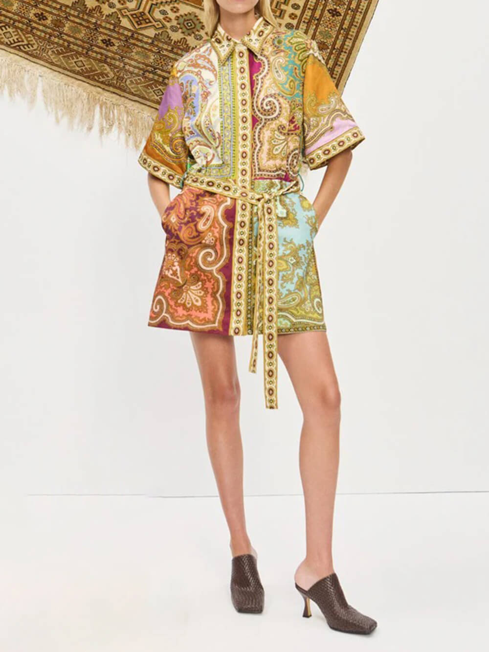 Classic Paisley Print Lace-Up Spliced Mini Dress