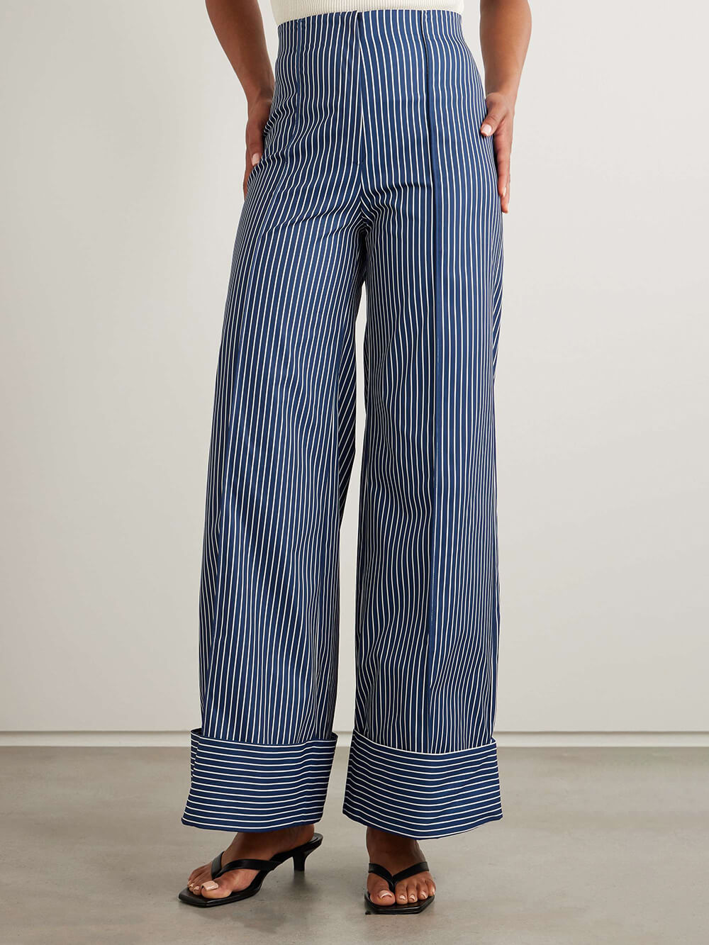 Retro Striped Print Stretch Twill Wide-Leg Pants
