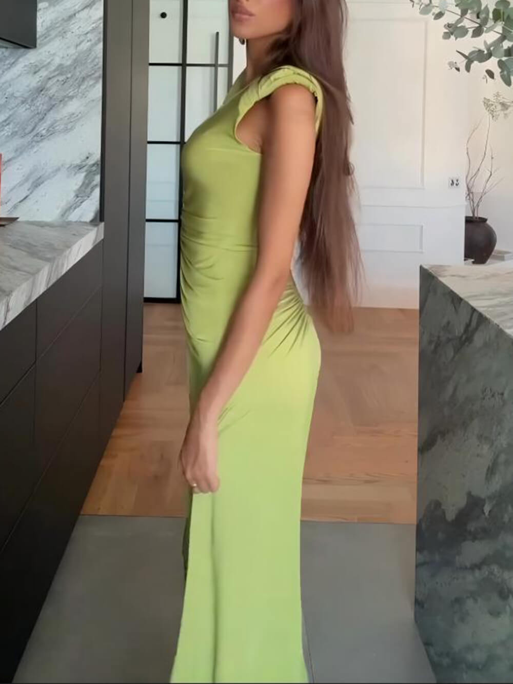 Elegant Ruched Stretch Slim Fit Floor-Length Jumpsuit