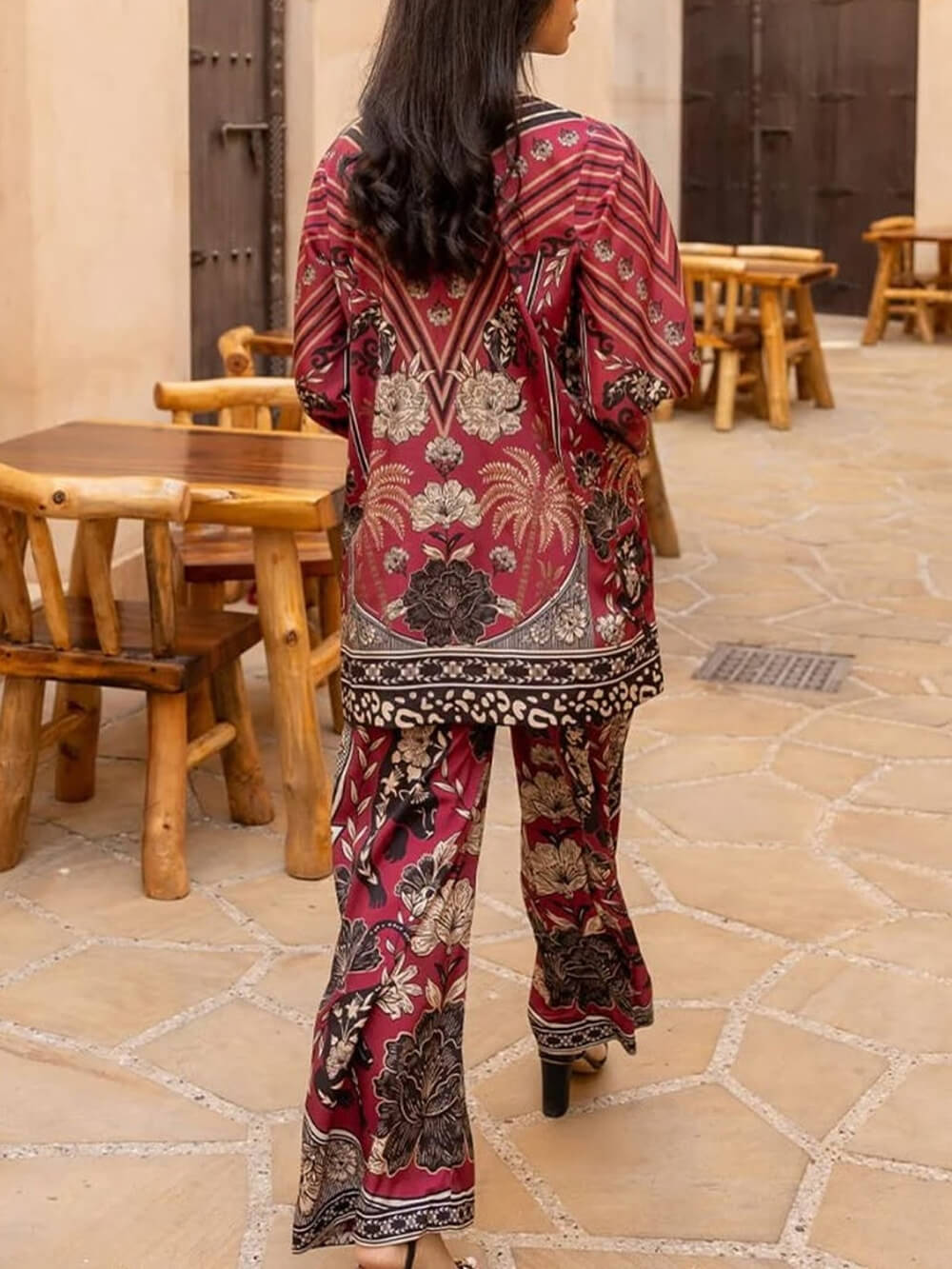 Unique Floral Patchwork With Elastic Waist Wide-Leg Pants