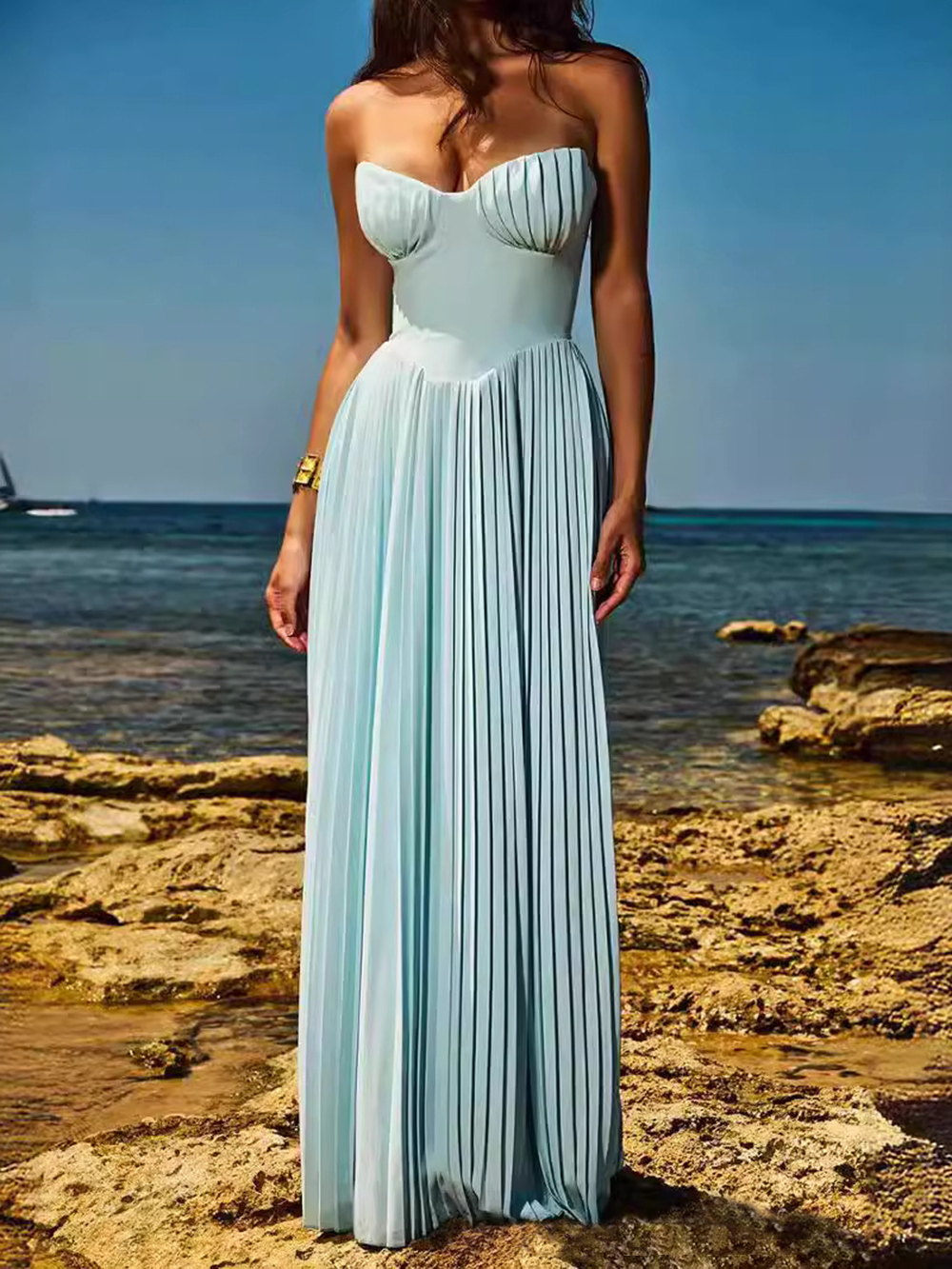Elegant Pleated Strapless Maxi Dress