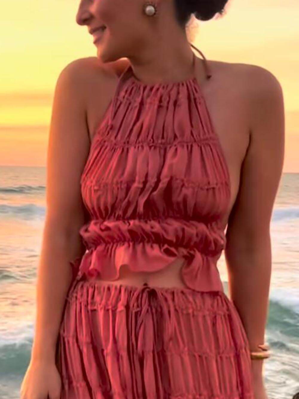 Charm Pleated Drawstring Waist Tiered Maxi Skirt