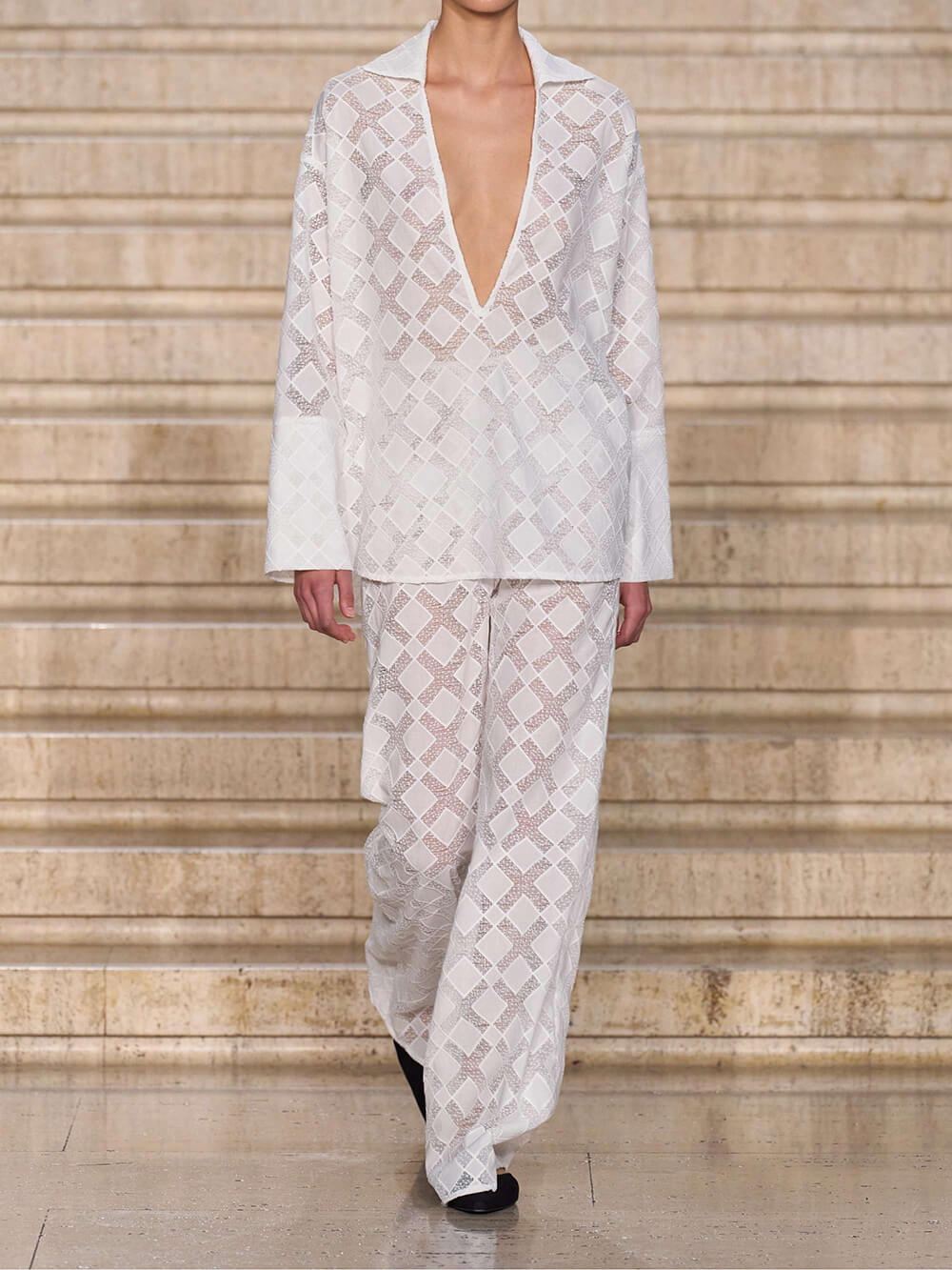 Unique Sheer Lace Panel Loose-Fit Button-Up Blouse