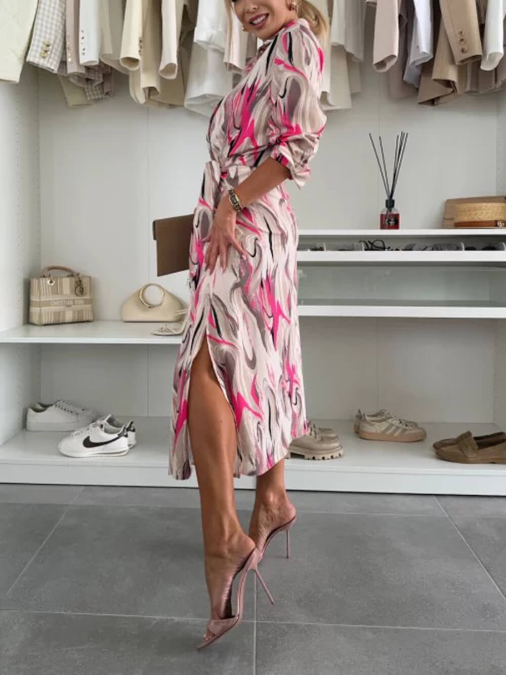 Elegant Ease Satin Printed Tie-Waist Midi Dress