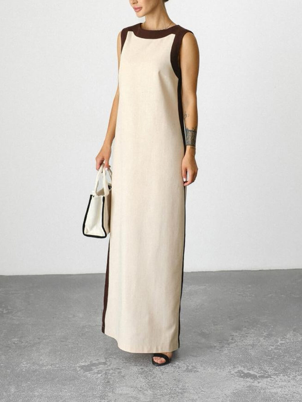 Unique Retro Colorblock Belted Linen Maxi Dress