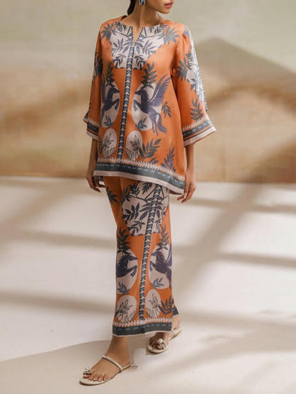 Retro Modern Floral Print Contrasting Stitching Elastic Waist Wide-Leg Pants