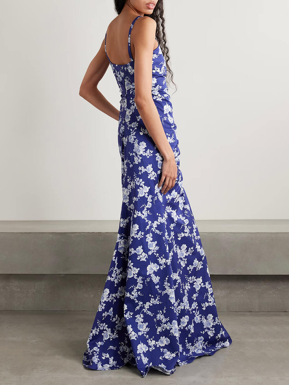 Elegant Ruffled Floral Print Satin Maxi Dress
