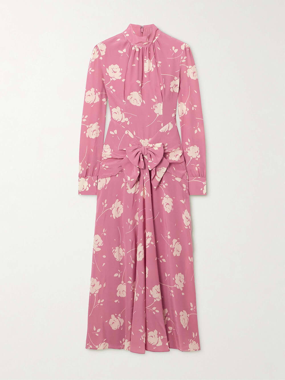 Retro Bow-Embellished Gathered Floral Print Midi Dress