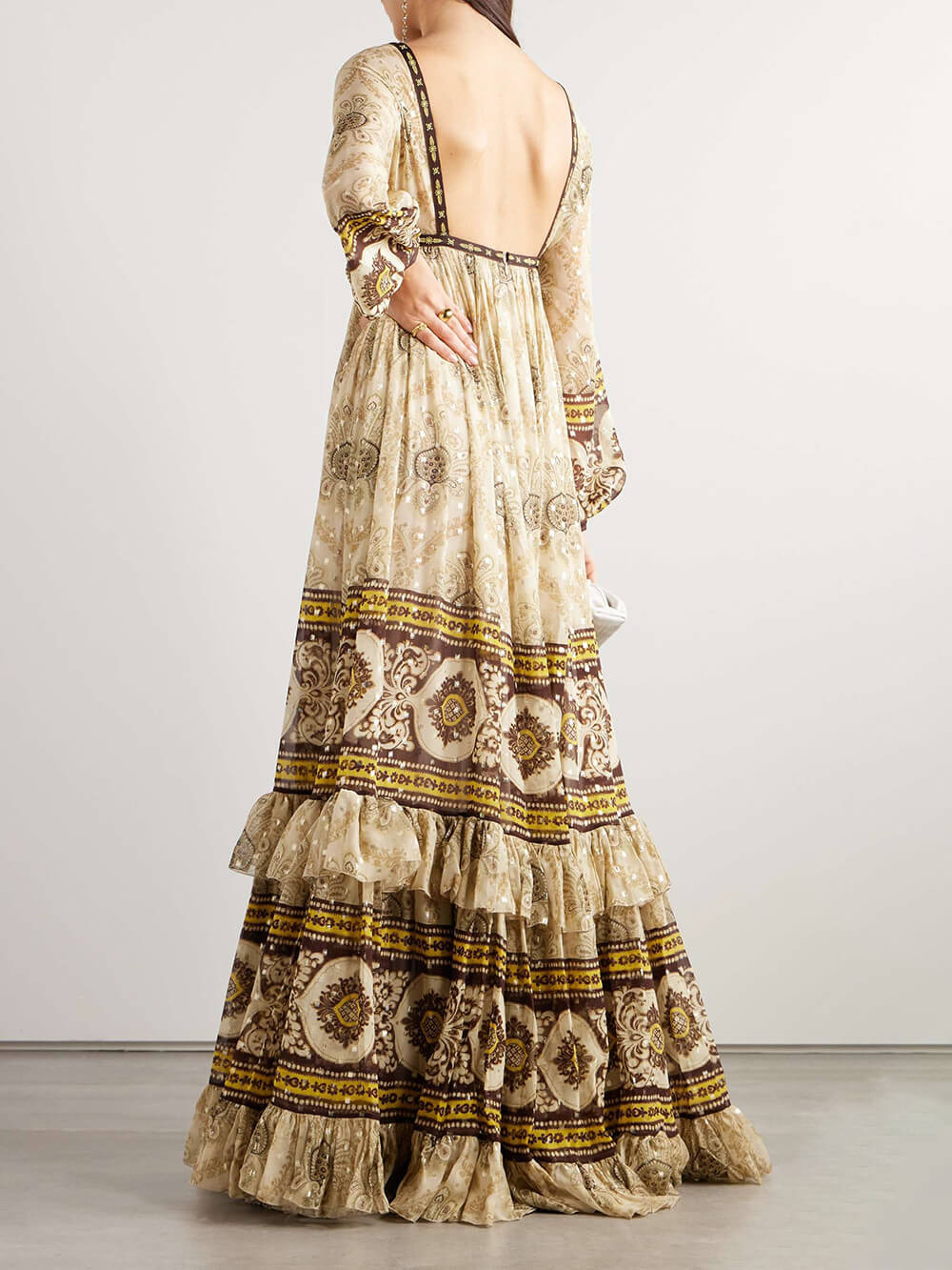 Exquisite Enchanted Garden Floral Print Jacquard Chiffon Blend Multi-Layered Gown Dress