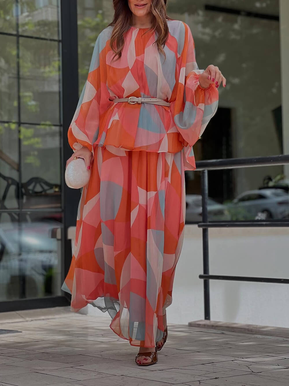 Classic Geometric Print Elastic Waist Maxi Skirt