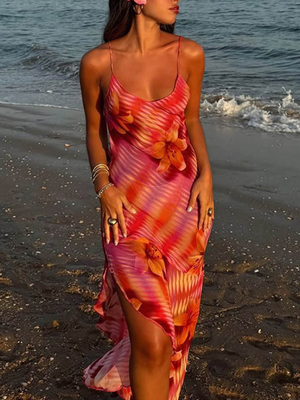 Elegant Printed Strappy Bodycon Silhouette Backless Slit Dress