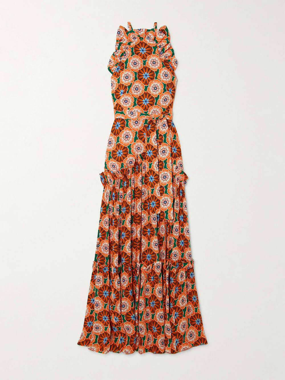 Retro Tie-Waist Ruffled Printed Crinkle Chiffon Maxi Dress