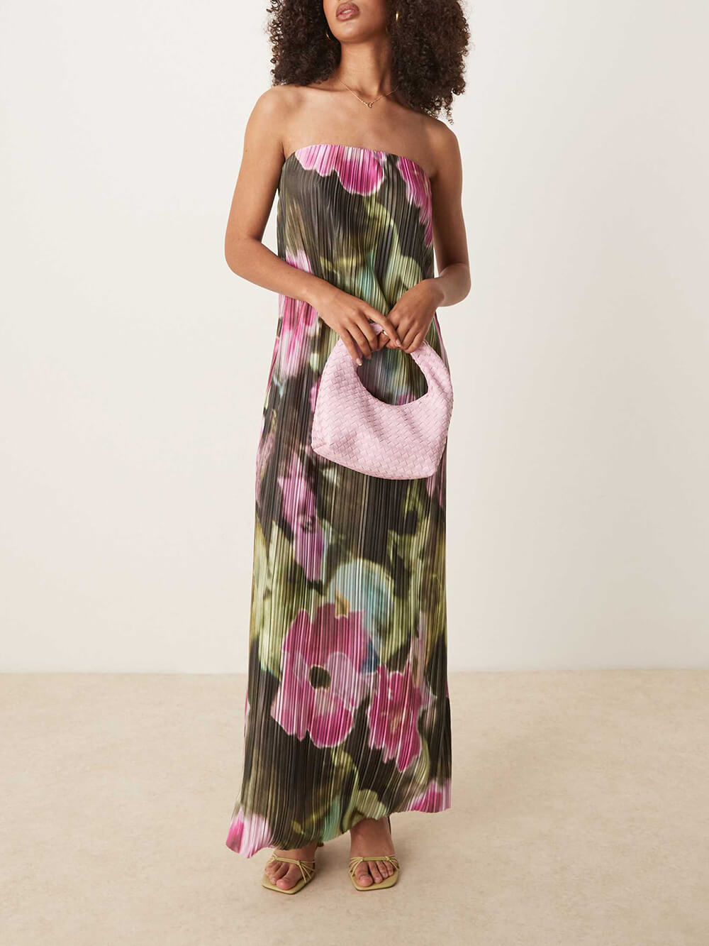 Sexy Strapless Off-the-Shoulder Floral Print Pleated Maxi Dress