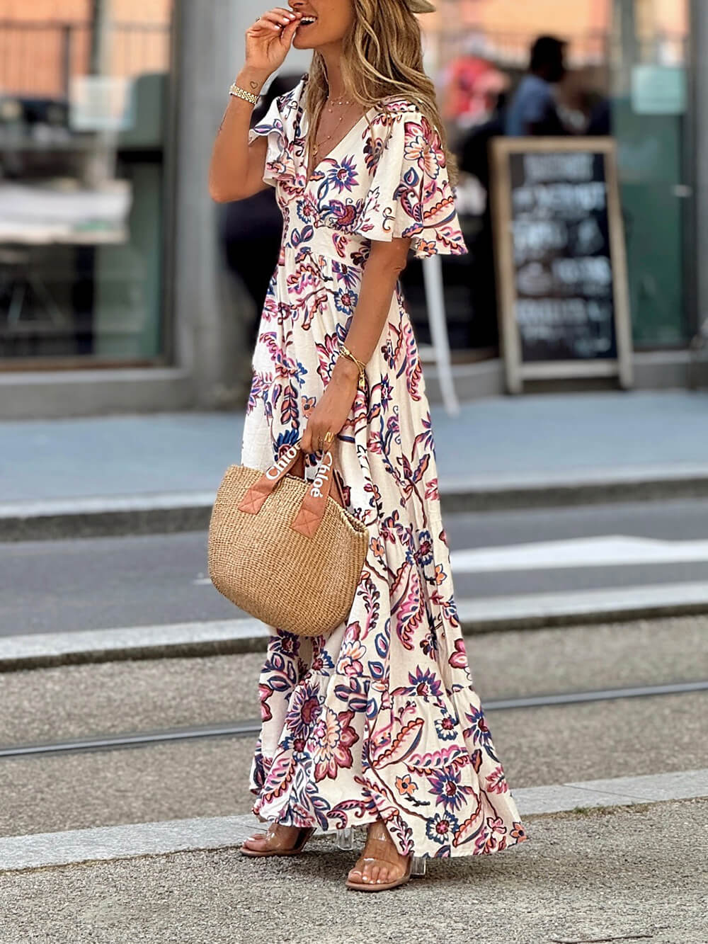 Elegant Floral Print A-Line Maxi Dress
