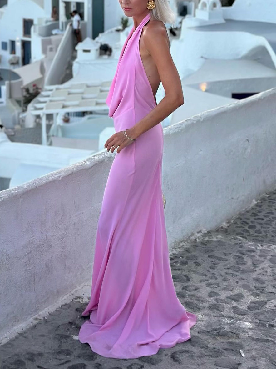Elegant Draped Halterneck Backless Maxi Dress