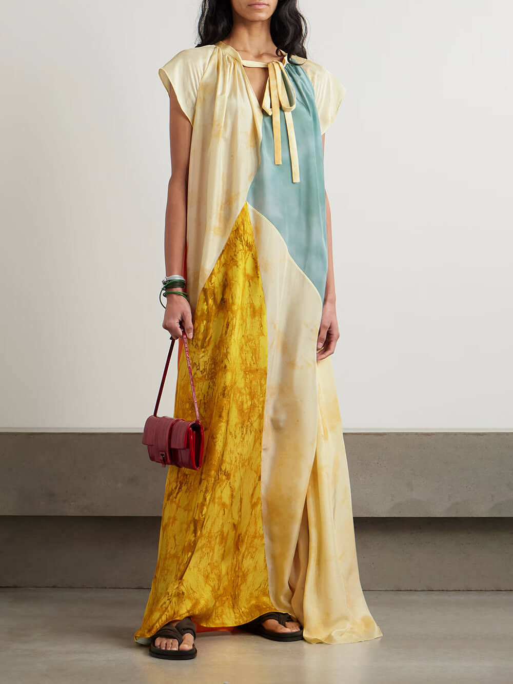 Unique Tie-neck Patchwork Printed Satin Maxi Dress