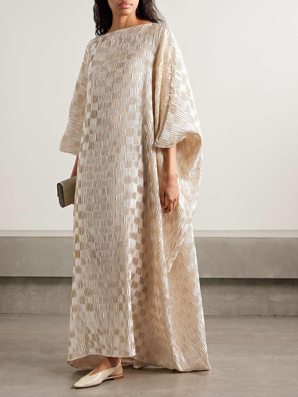 Unique Casual Cocoon Silhouette Plaid Print Pleated Drop Shoulder Sleeve Loose Maxi Dress