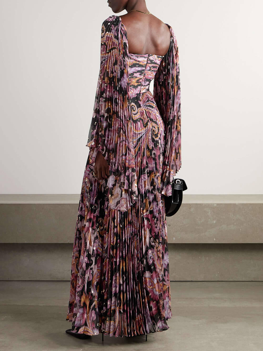 Exquisite Printed Metallic Pleated Chiffon Trumpet Sleeve Maxi Dress