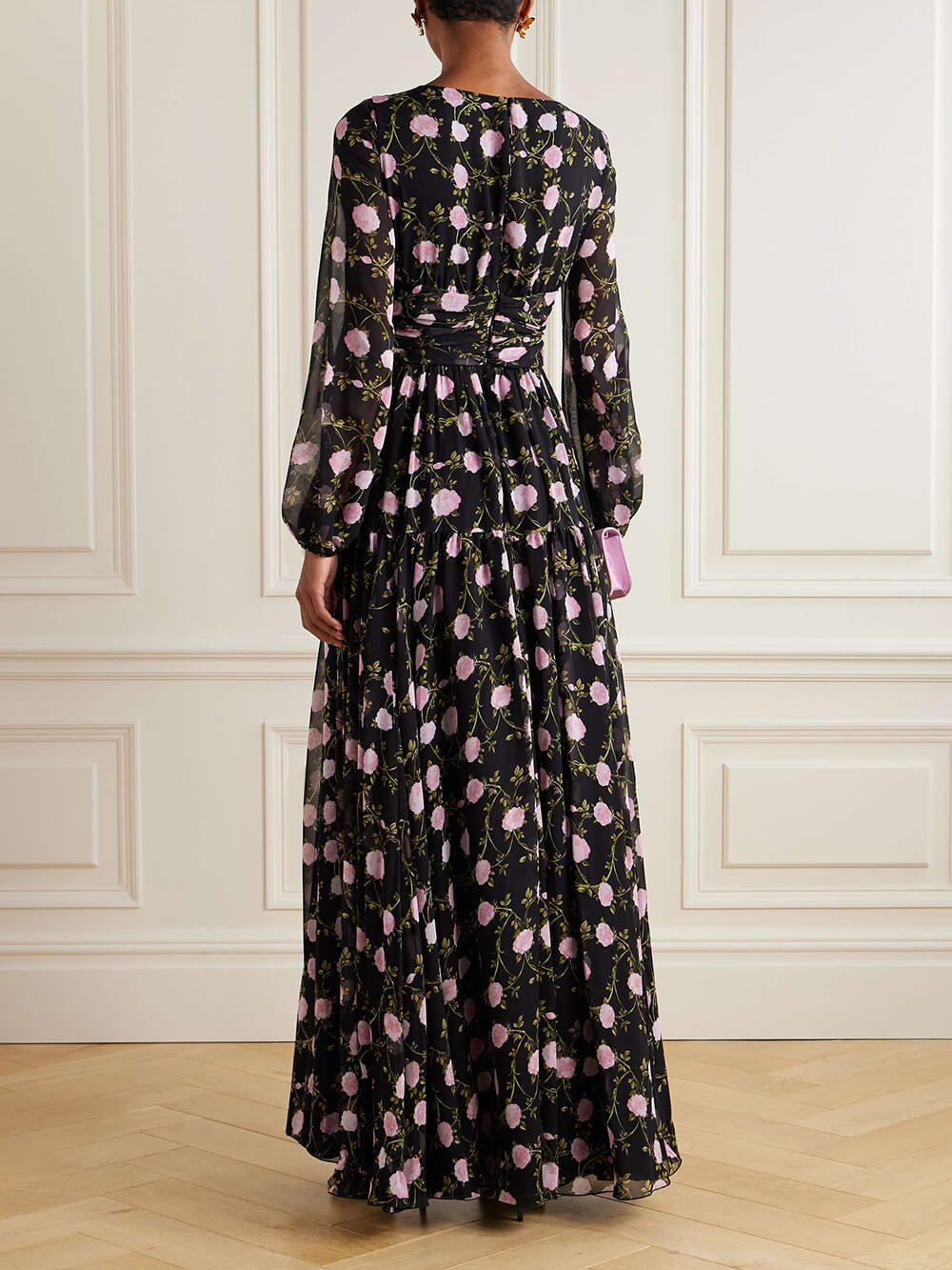 Romantic Exquisite Pleated Floral Print Chiffon Maxi Dress