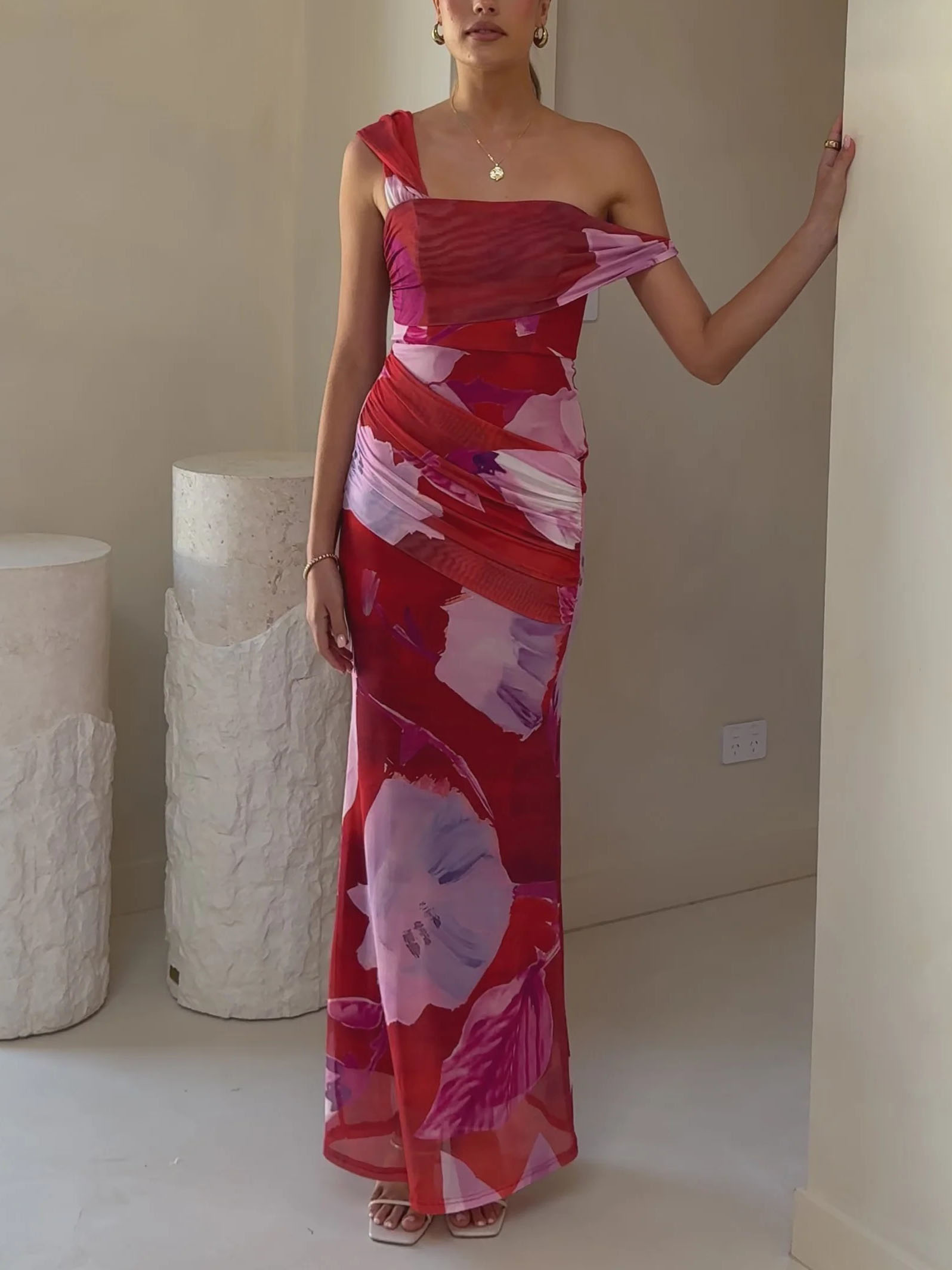Elegant One Shoulder Floral Print Mesh Maxi Dress