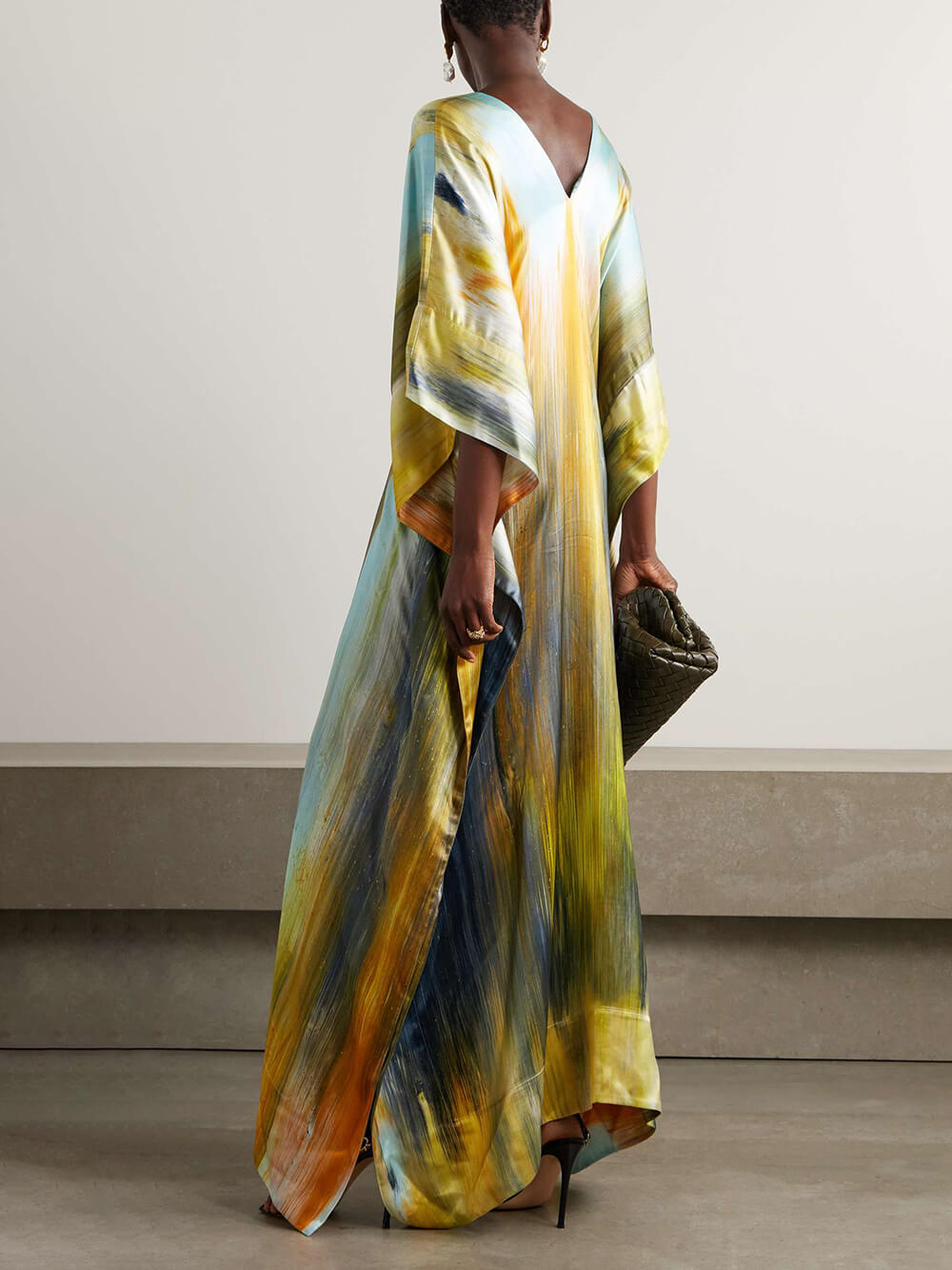 Casual Retro Asymmetric Gradient Print Ruffled Satin Maxi Dress