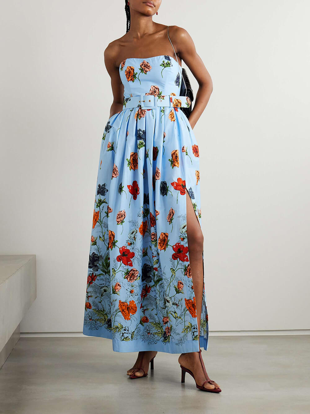 Elegant With Belt Off-Shoulder Floral Print Slit Maxi Dress