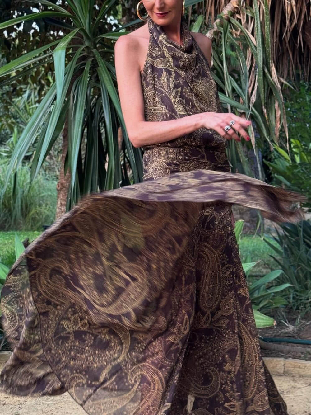 Elegant Unique Paisley Print Ruched Backless Pleated Maxi Dress