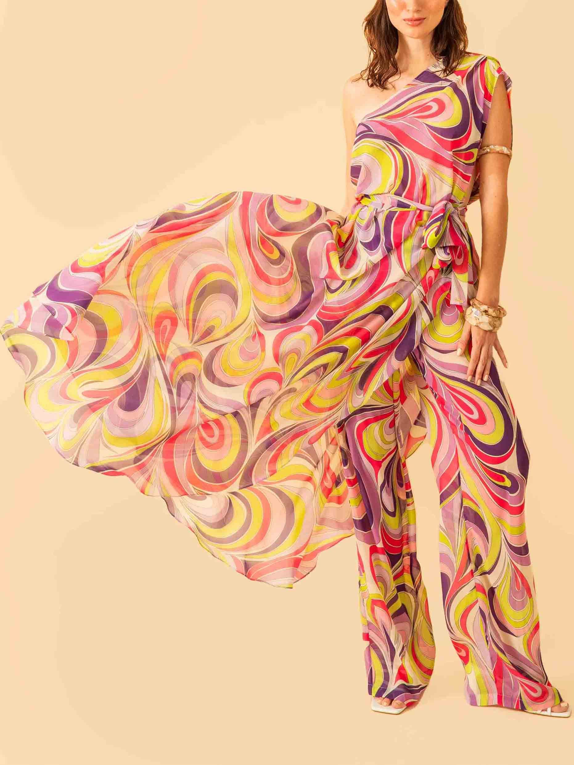 Unique Psychedelic Swirl Print Halter Top And Wide-Leg Pants Set