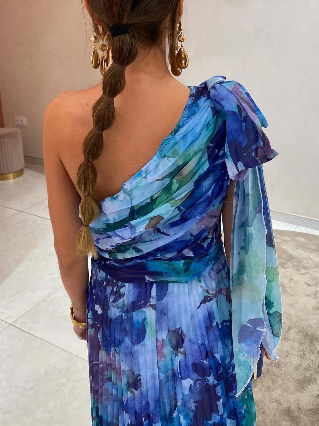 Elegant One Shoulder Ruffled Painted Floral Maxi Dress