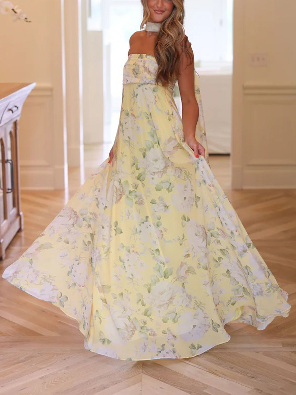 Elegant Off-the-Shoulder Chiffon Printed Scarf Maxi Dress