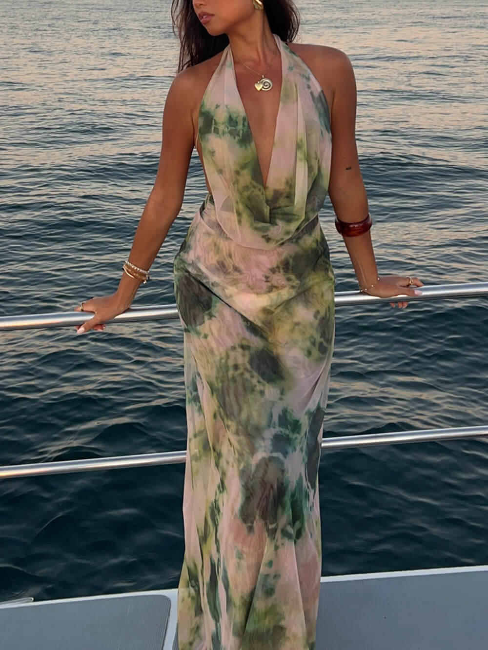 Exquisite Draped Neck Tie-Dye Backless Maxi Dress