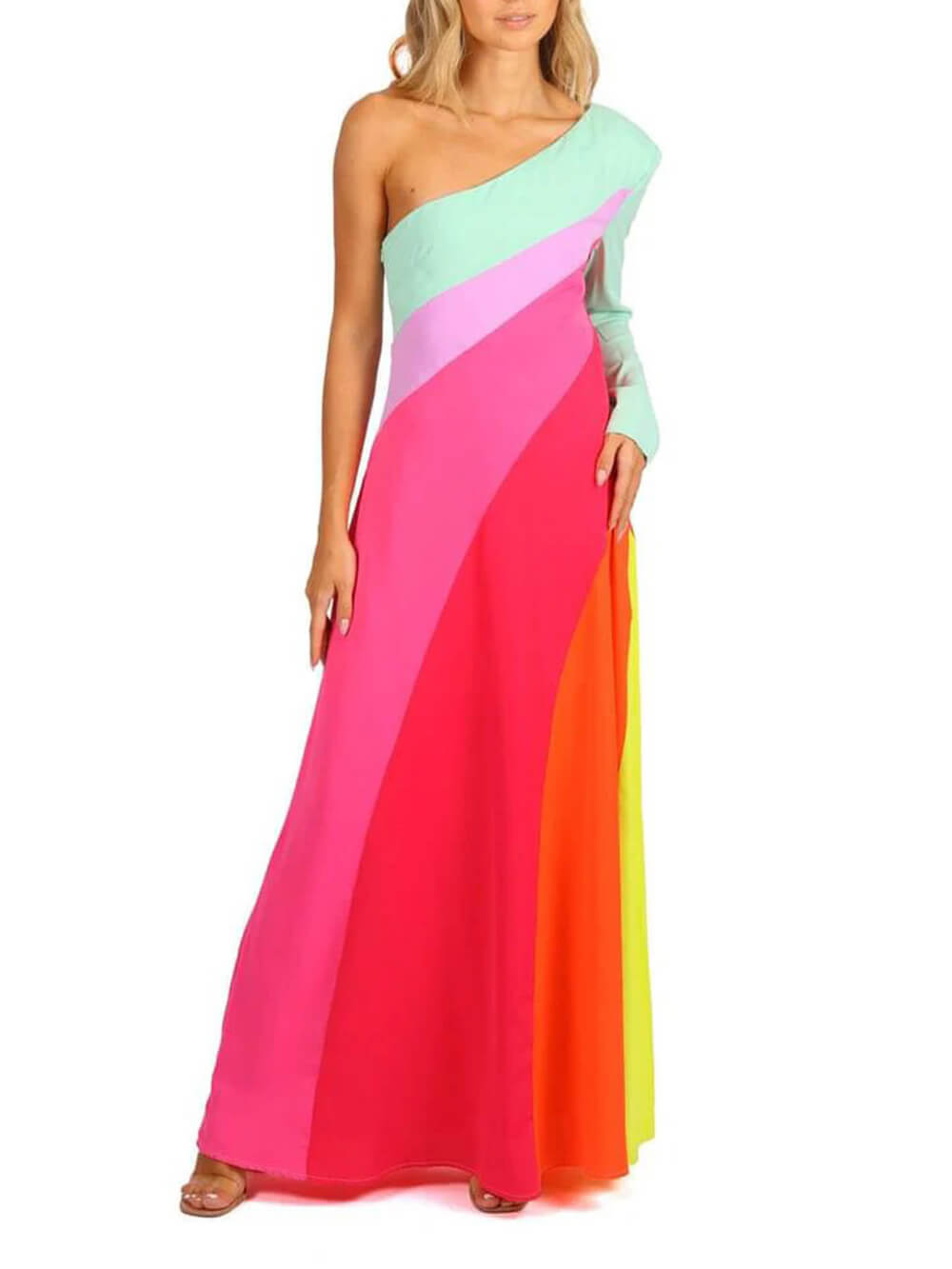 Unique One Shoulder Colorblock Maxi Dress