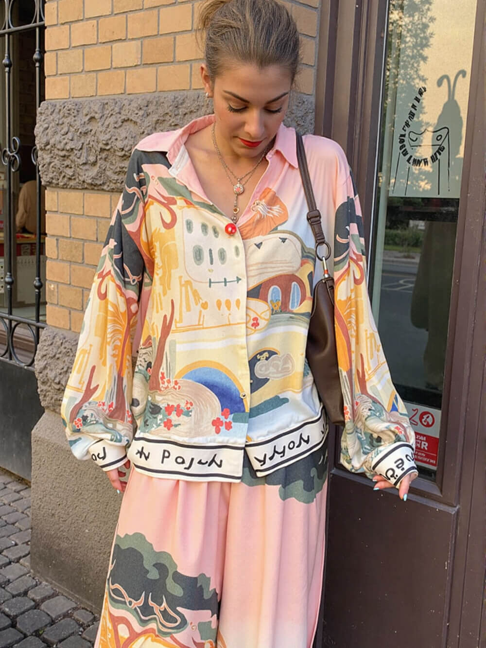 Unique Satin Landscape Print Loose Oversized Shirt
