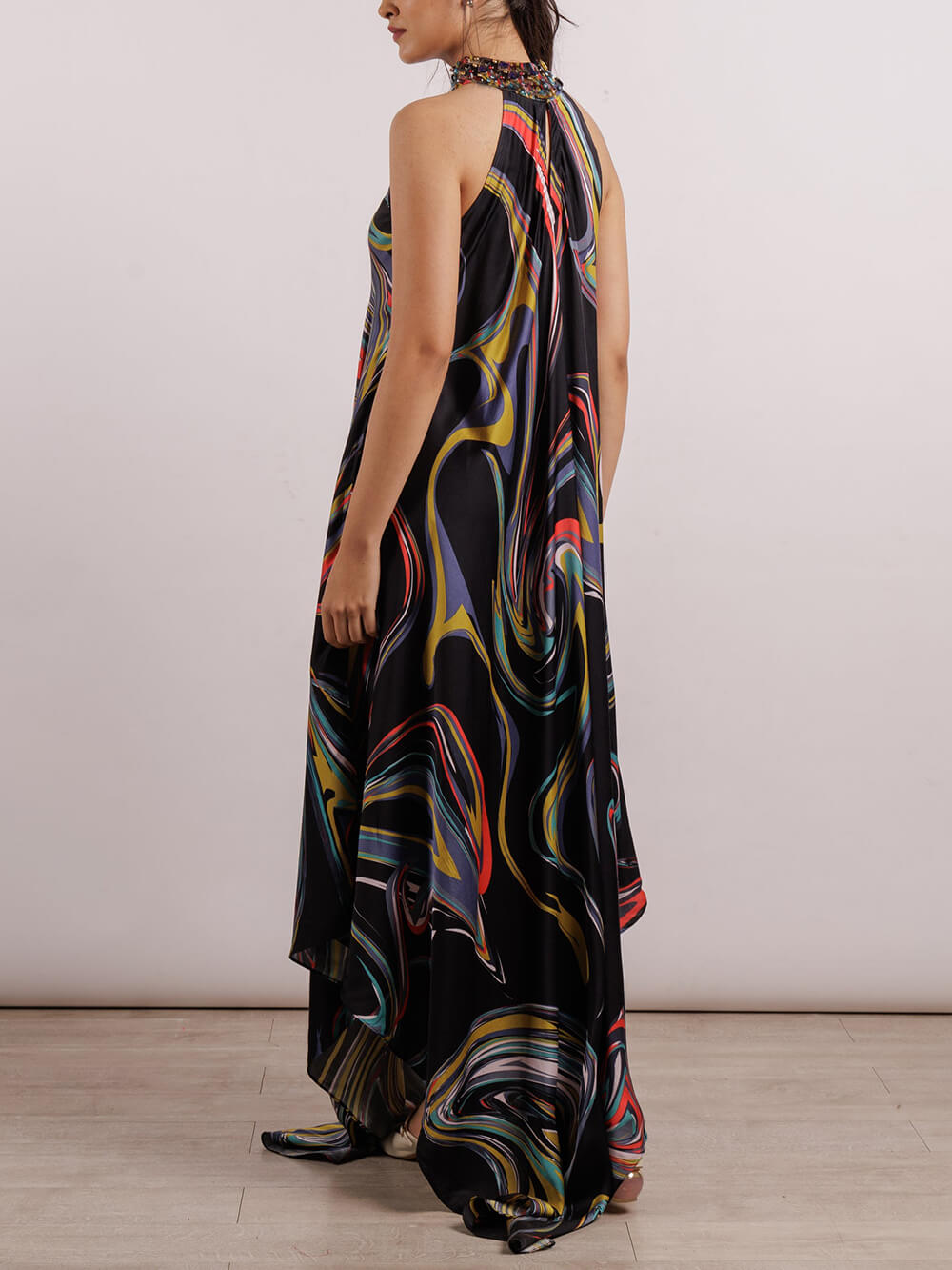 Casual Unique Galaxy Print Asymmetric Halter Long Dress