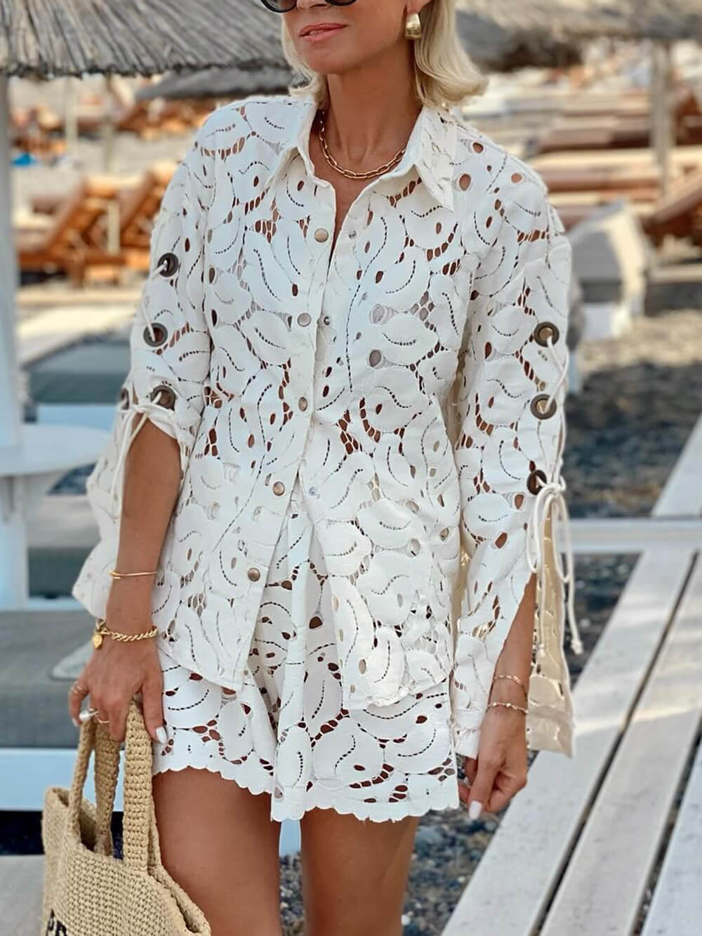 Vintage Exquisite Lace Crochet Slit Sleeve Top And Shorts Set