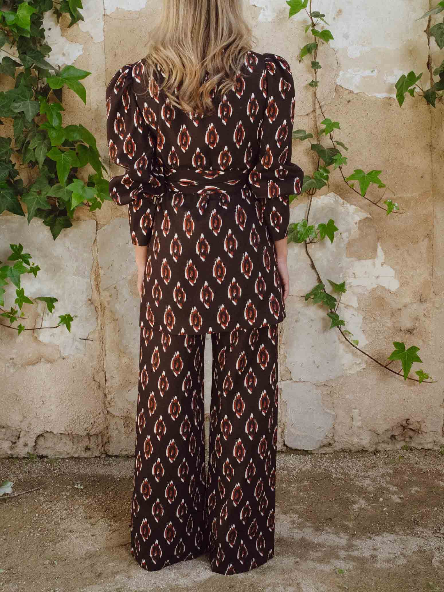 Retro Bohemian Ikat Print Belted Blazer Top