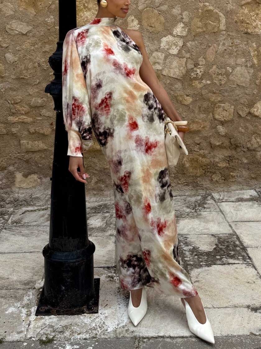 Unique Watercolor Print Single Puff Sleeve Maxi Dress