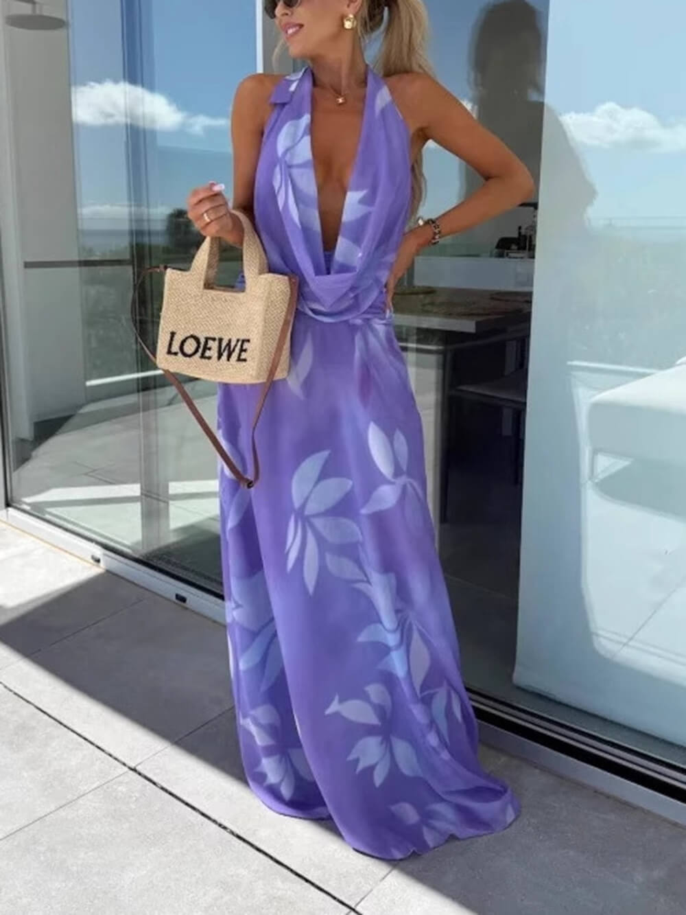 Elegant Printed Tie-Waist Cutout with Cowl Neck Maxi Dress