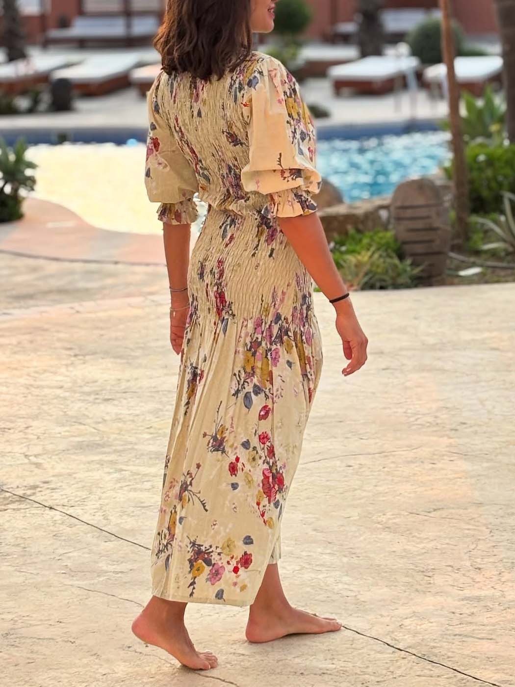 Elegant Crinkled Floral Print Puff Sleeve Maxi Dress