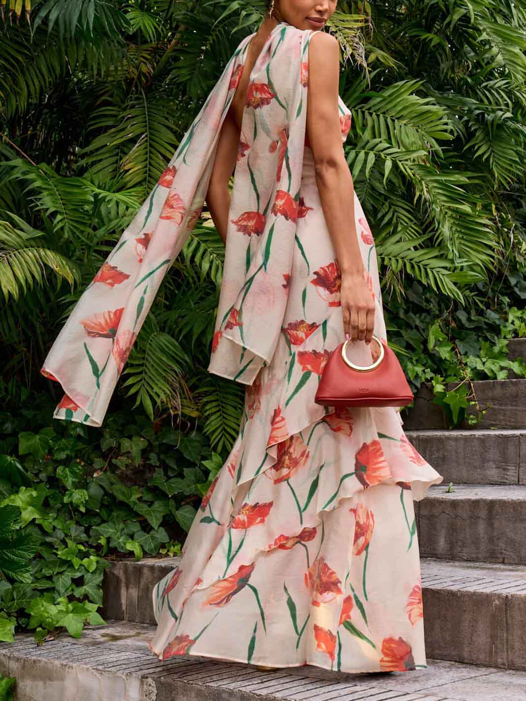 Delicate Orange Floral Print Hem Ruffle Maxi Dress