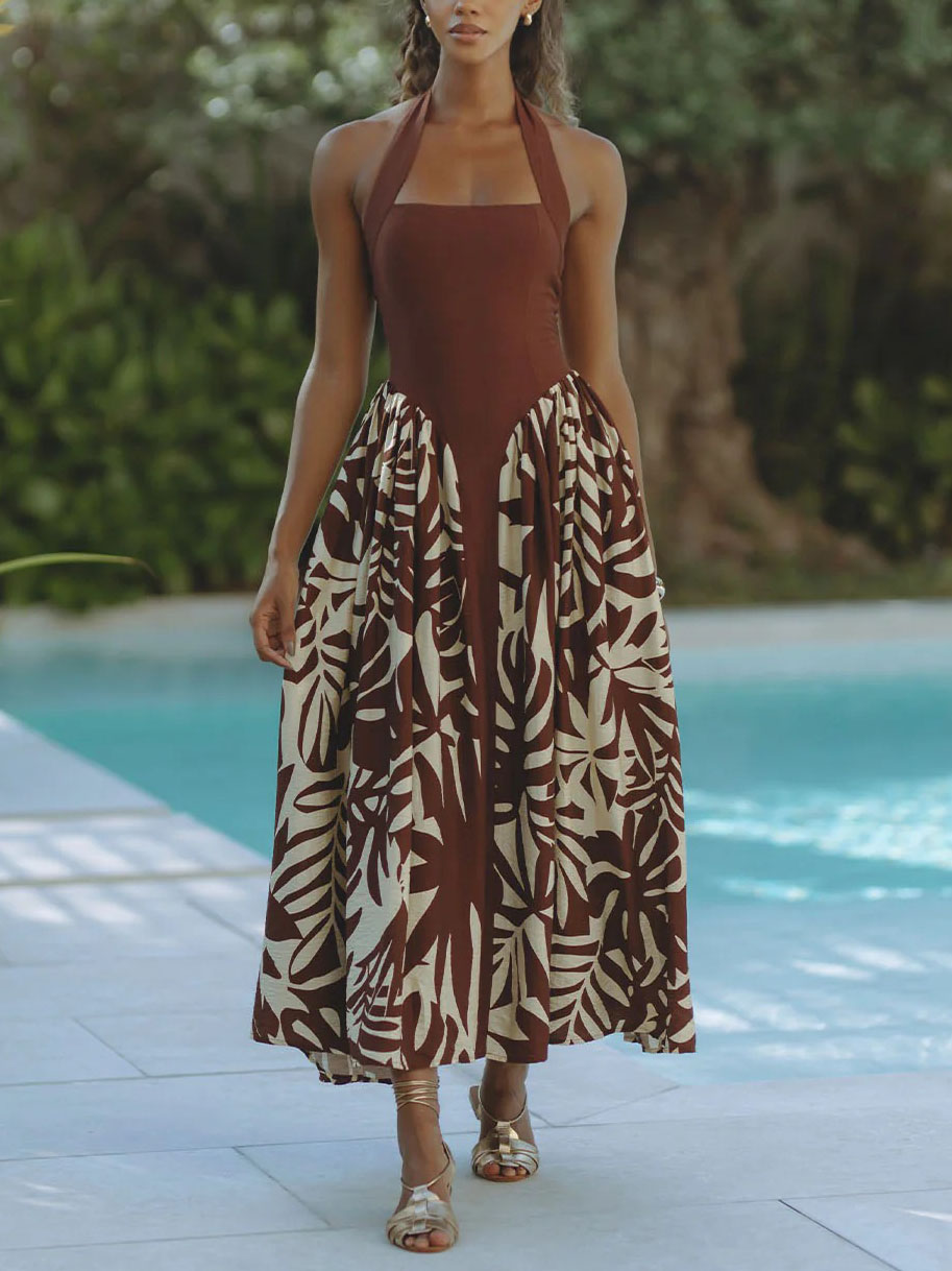 Tropical Halter Neck Leaf Print Midi Dress