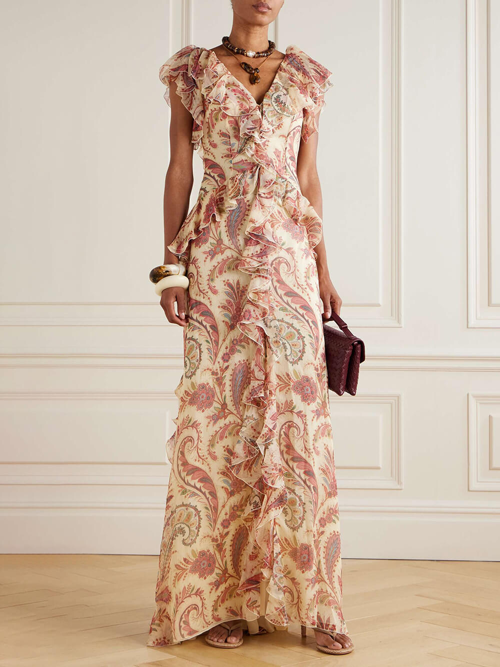 Elegant Ruffled Printed Chiffon-Crepon Maxi Dress