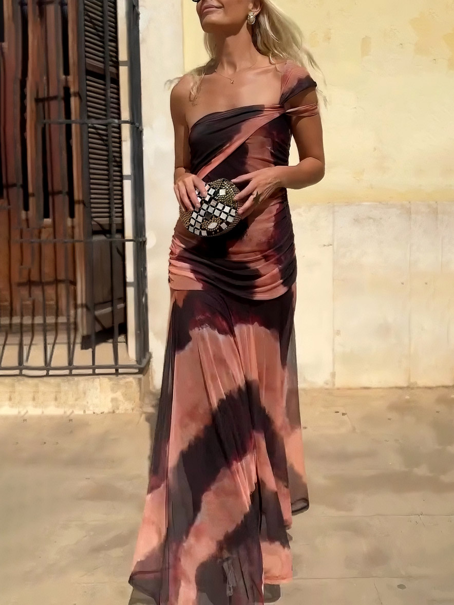 Elegant One-shoulder Tie-dye Striped Print Maxi Dress