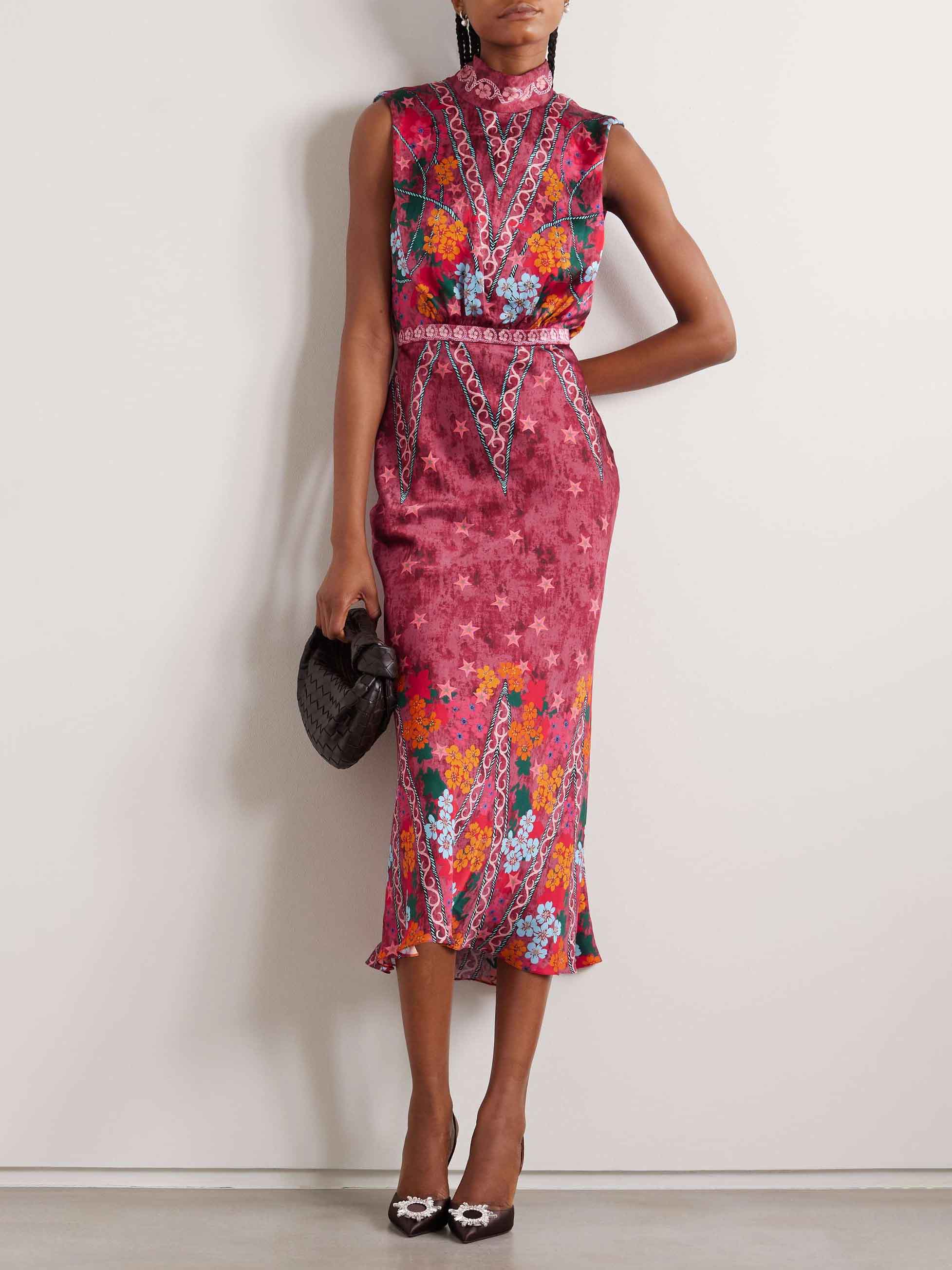 Retro Star Floral Print Satin Midi Dress
