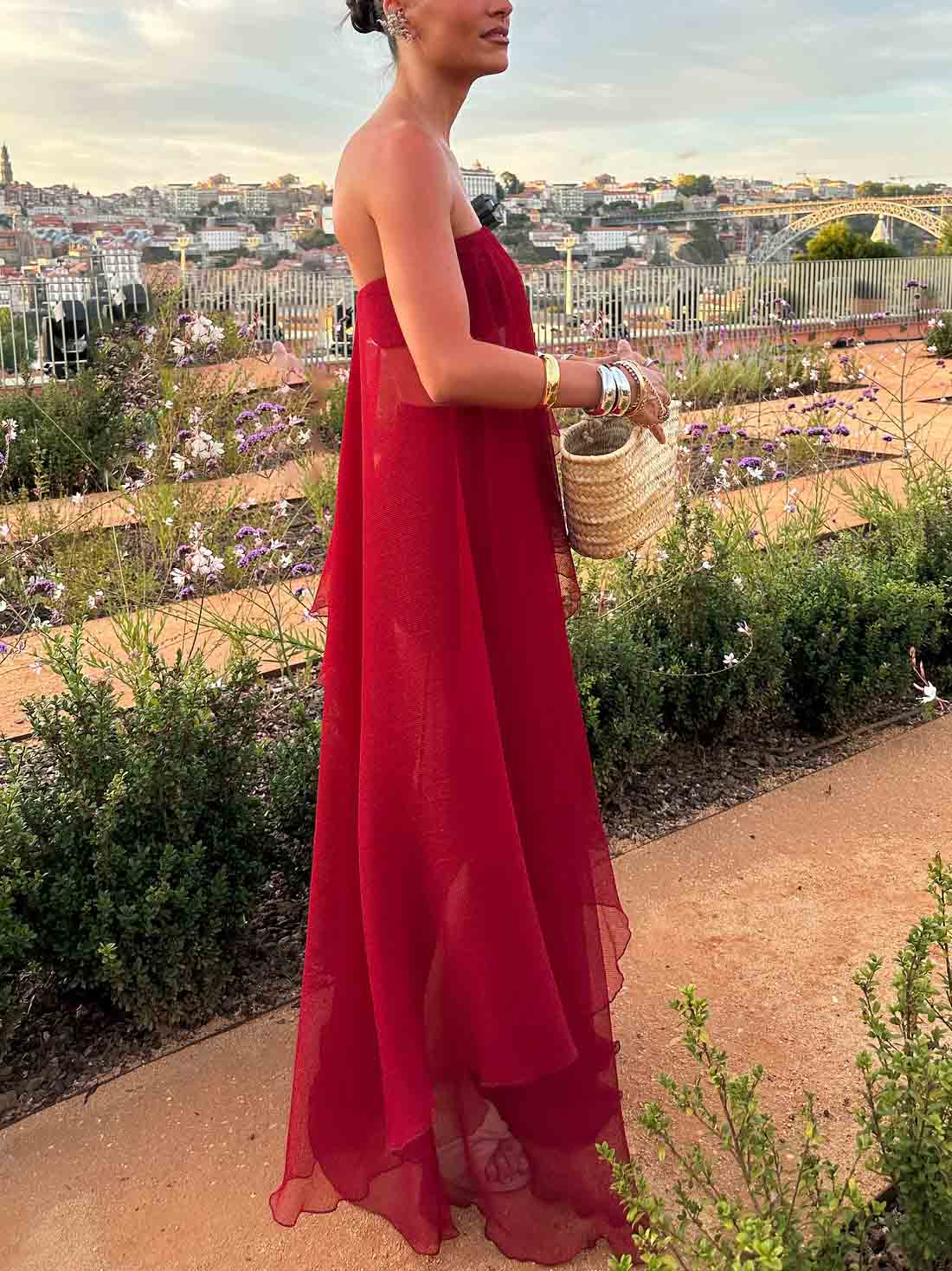 Elegant Strapless Layered Sheer Chiffon Two-Piece Set