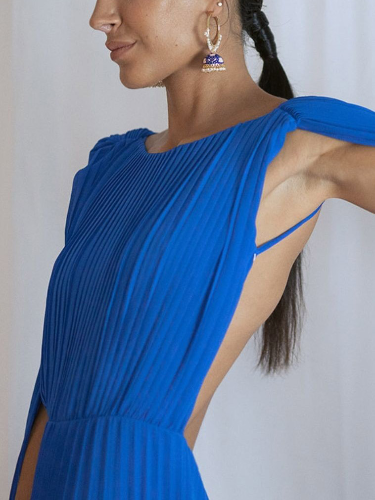 Elegant Open Back Ribbon Pleated Party Maxi Dress