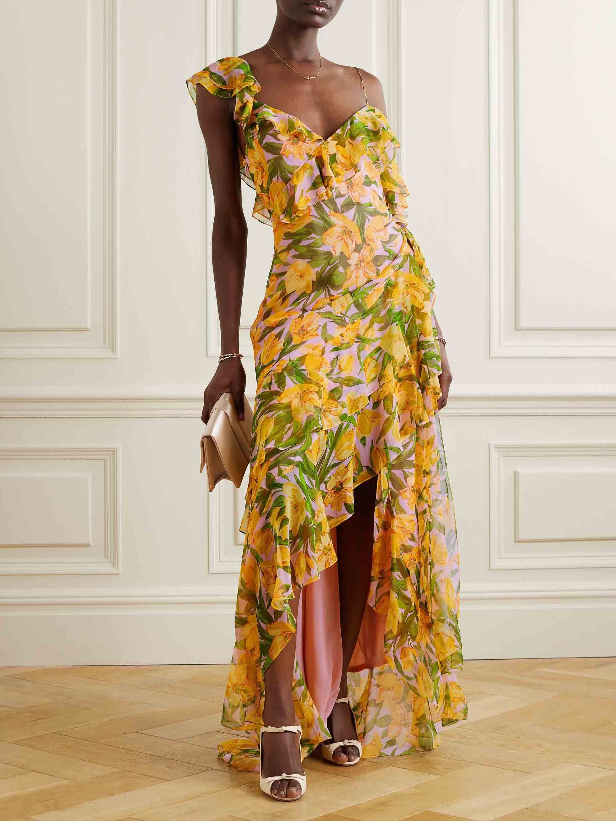 Elegant One-Shoulder Ruffled Floral Chiffon Maxi Dress
