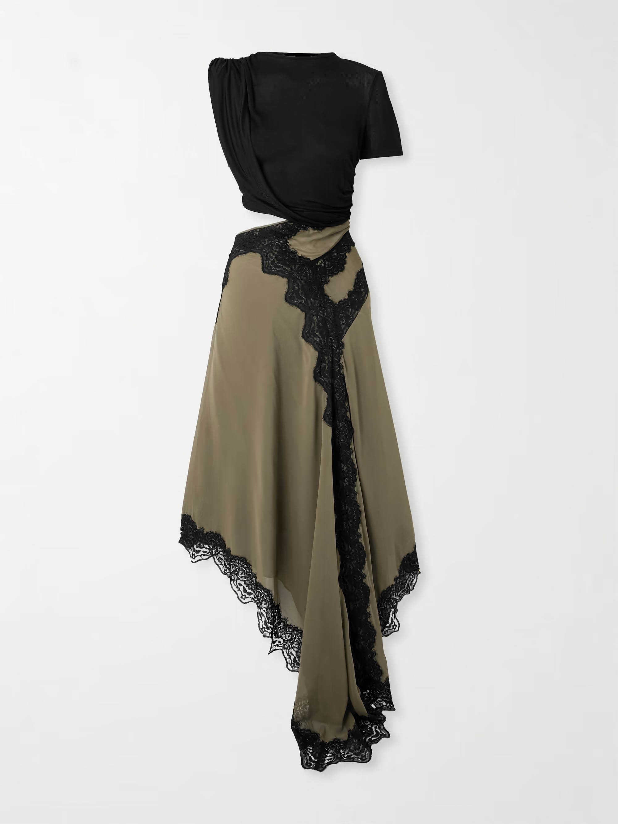 Exquisite Asymmetric Lace Trim Midi Dress