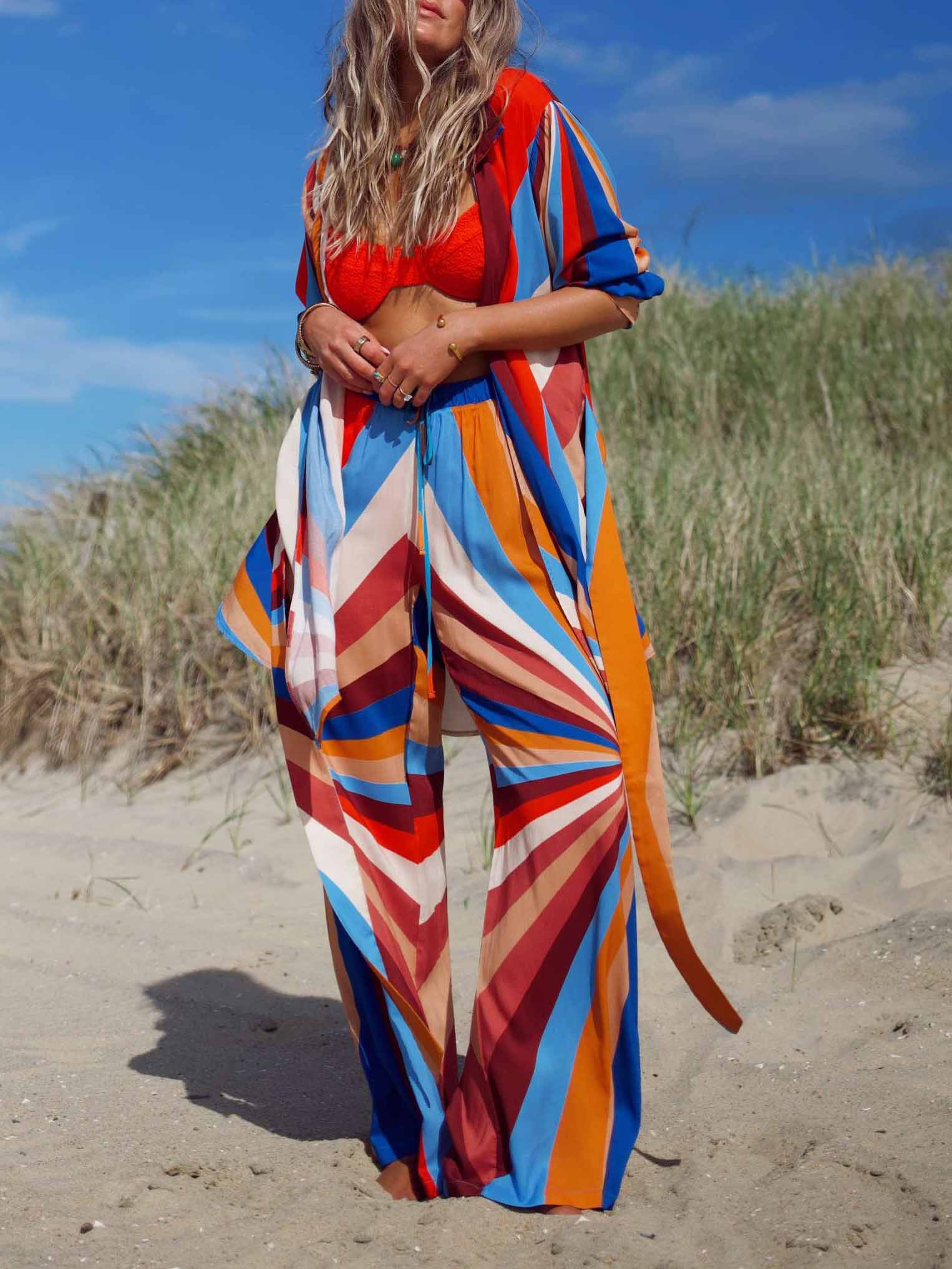 Vibrant Geometric Stripe Tie-Waist Shirt