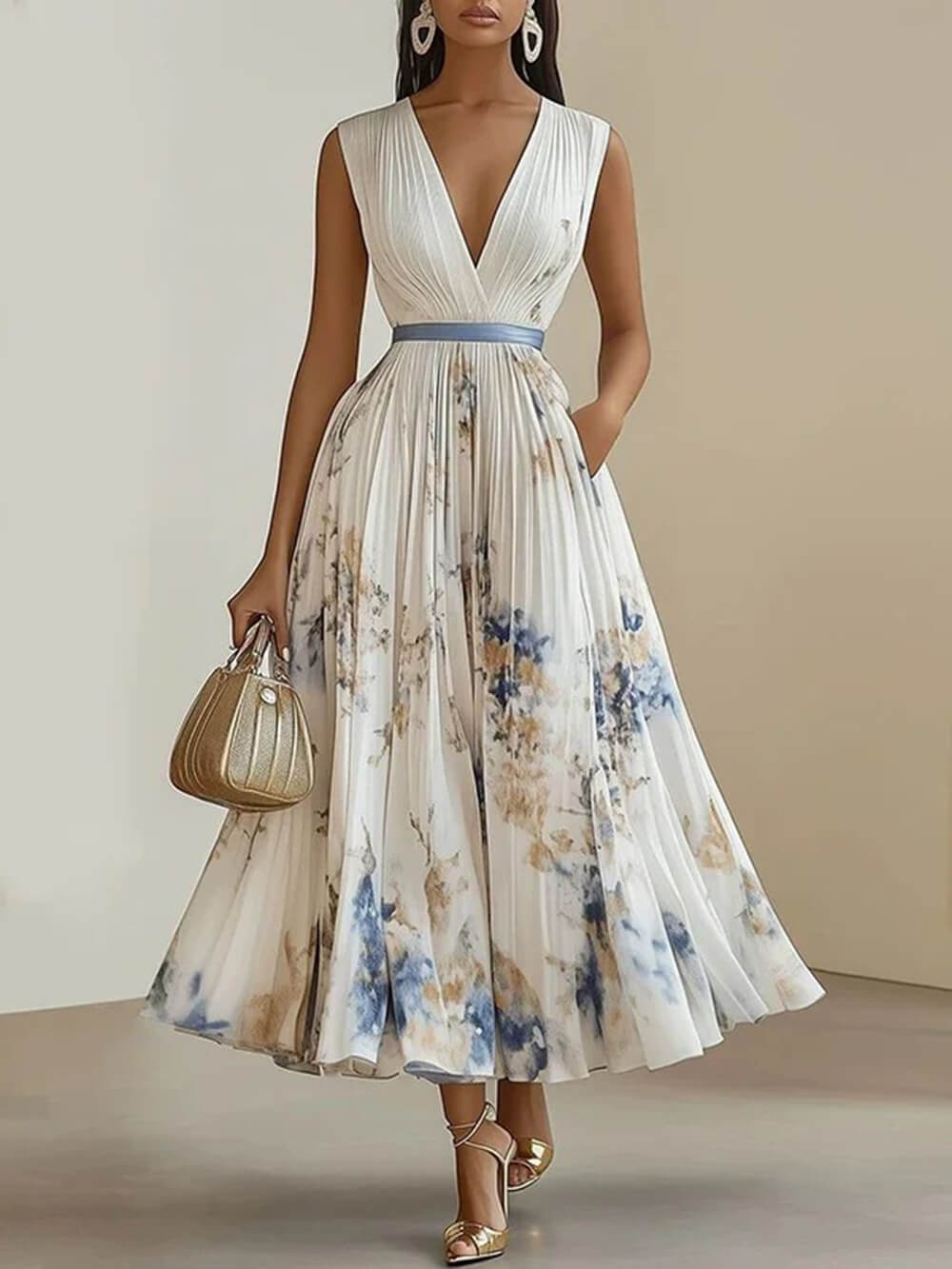 Elegant Digital Print Pleated V-Neck Sleeveless Maxi Dress